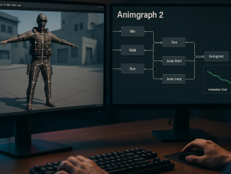 Photographic scene of a game developer’s desk at night with two monitors showing a