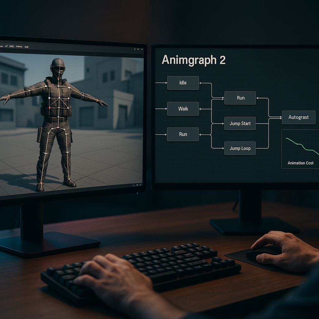 Photographic scene of a game developer’s desk at night with two monitors showing a